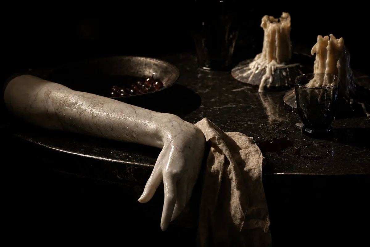 A low table after a long dinner: guttered candles, dark glass, a spill of wine.