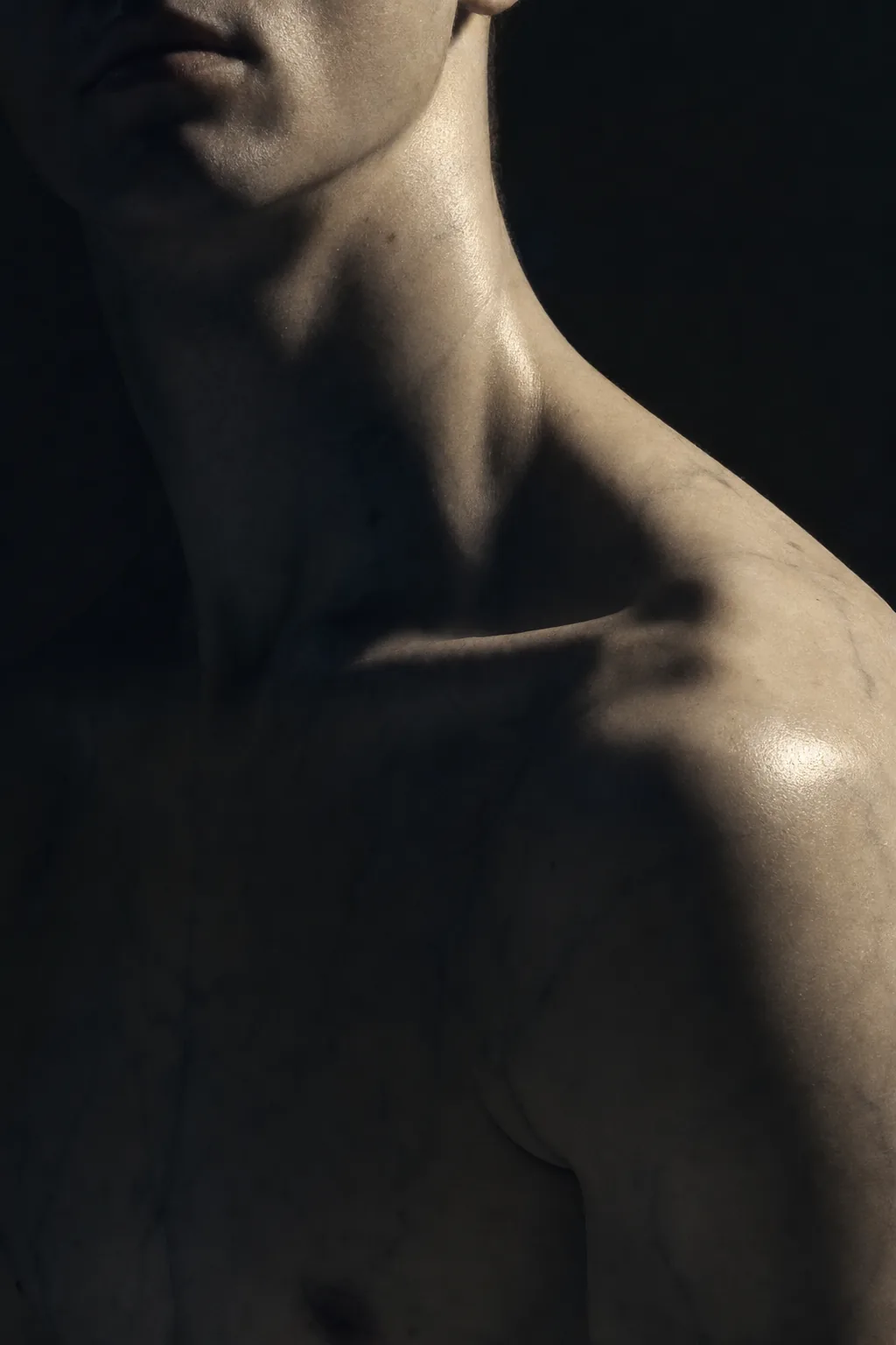A study of a man's chest, lit so the light breaks across the ribs like the fracture planes of an antique fragment.